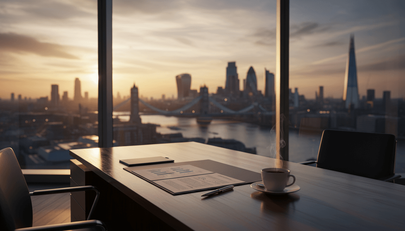 London office with skyline view at golden hour